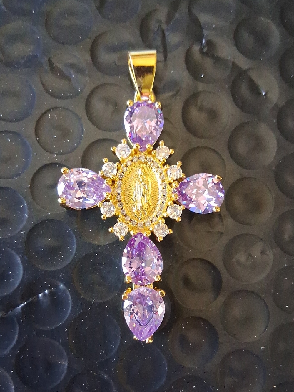 Gold Cross Pendant Over Stainless with Amethyst Gemstones.NWT